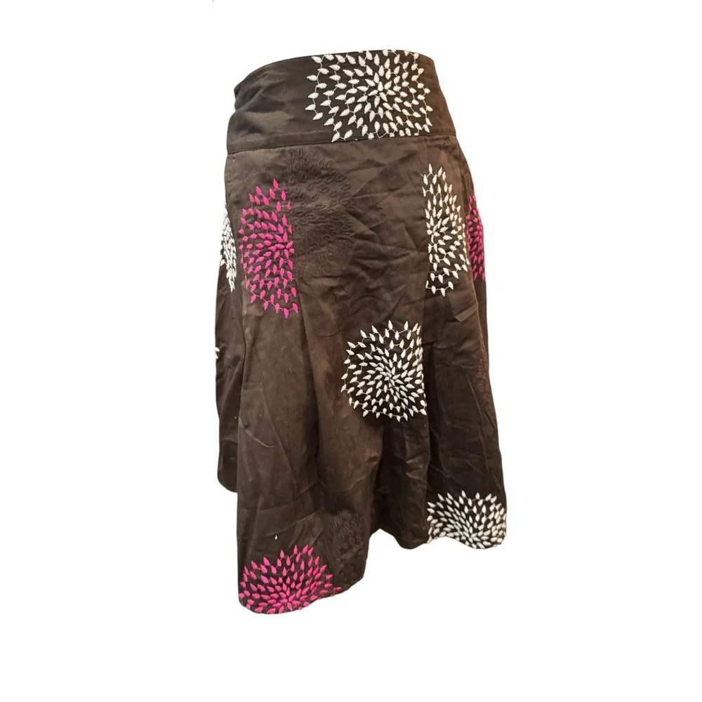 Ann Taylor Brown Cotton Embroidered Floral A-Line Midi Skirt Pink White Size‎ 14